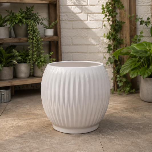 Luxury White Fluted Ceramic Flower Pot for Indoor Plants, Home Decoration, Office Desk & Modern Living Spaces