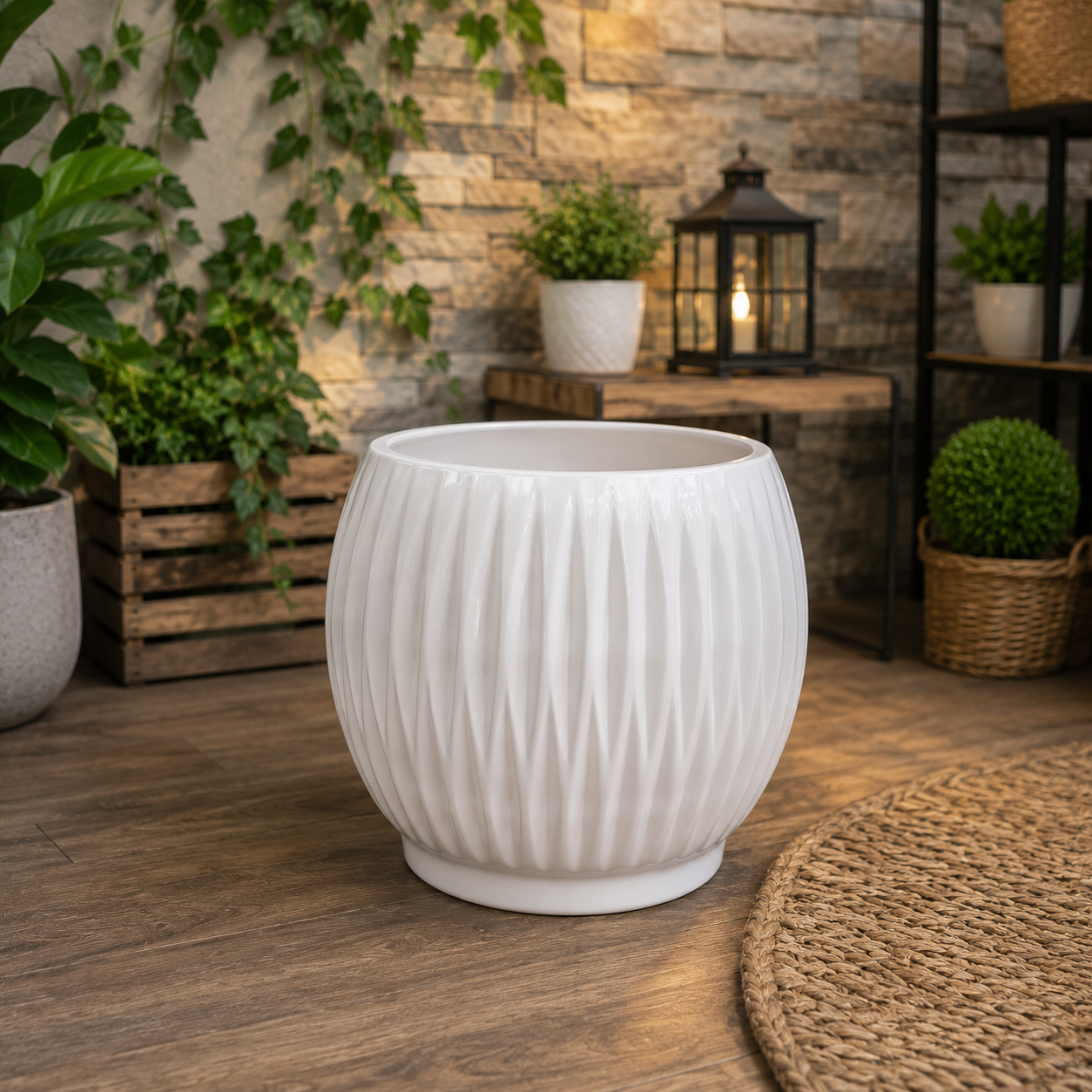 Luxury White Fluted Ceramic Flower Pot for Indoor Plants, Home Decoration, Office Desk & Modern Living Spaces