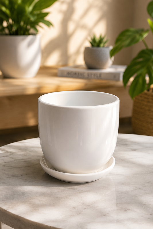 Classic White Glossy Ceramic Plant Pot with Saucer for Indoor Plants, Succulents, Home & Office Decoration