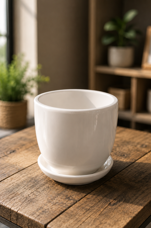 Classic White Glossy Ceramic Plant Pot with Saucer for Indoor Plants, Succulents, Home & Office Decoration