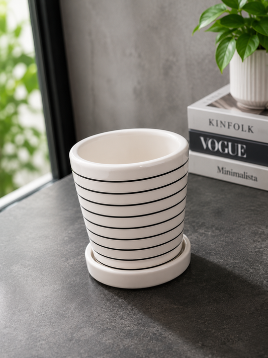 Modern White Ceramic Striped Planter Pot with Matching Saucer for Indoor Plants, Succulents, Home & Office Décor