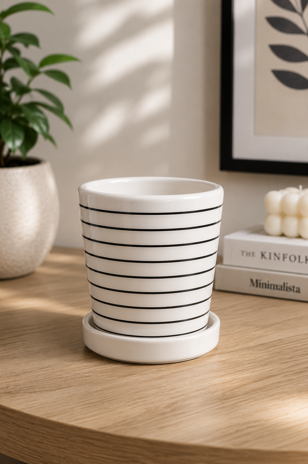 Modern White Ceramic Striped Planter Pot with Matching Saucer for Indoor Plants, Succulents, Home & Office Décor