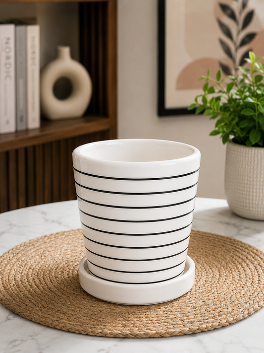 Modern White Ceramic Striped Planter Pot with Matching Saucer for Indoor Plants, Succulents, Home & Office Décor