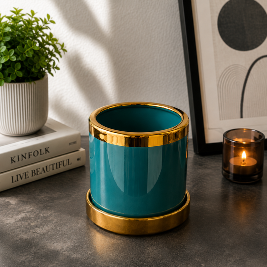 Premium Glossy Blue Ceramic Planter Pot with Gold Rim & Matching Saucer for Indoor Plants, Home & Office Décor