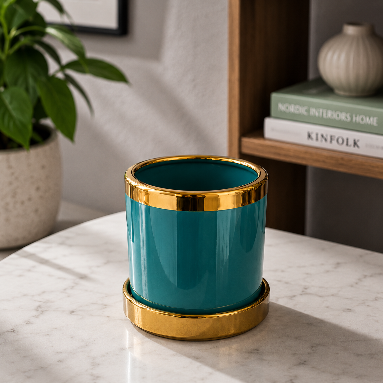 Premium Glossy Blue Ceramic Planter Pot with Gold Rim & Matching Saucer for Indoor Plants, Home & Office Décor