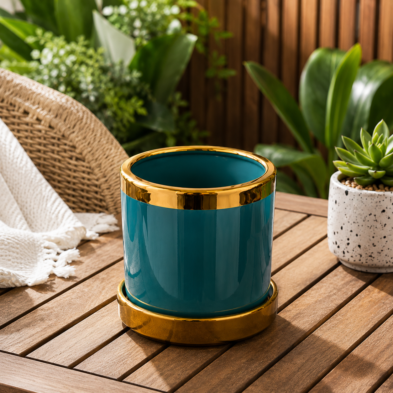Premium Glossy Blue Ceramic Planter Pot with Gold Rim & Matching Saucer for Indoor Plants, Home & Office Décor