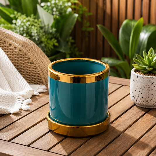 Premium Glossy Blue Ceramic Planter Pot with Gold Rim & Matching Saucer for Indoor Plants, Home & Office Décor