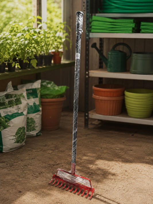 Heavy-Duty Steel Garden Rake with Long Handle for Soil Leveling, Leaf Collection & Garden Bed Preparation | Durable Landscaping Hand Tool