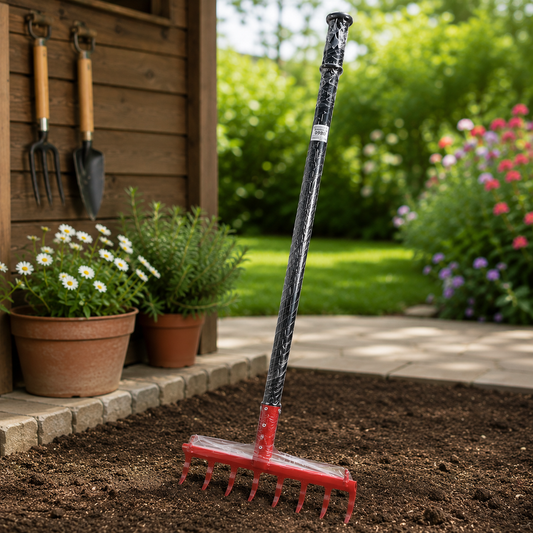 Heavy-Duty Steel Garden Rake with Long Handle for Soil Leveling, Leaf Collection & Garden Bed Preparation | Durable Landscaping Hand Tool