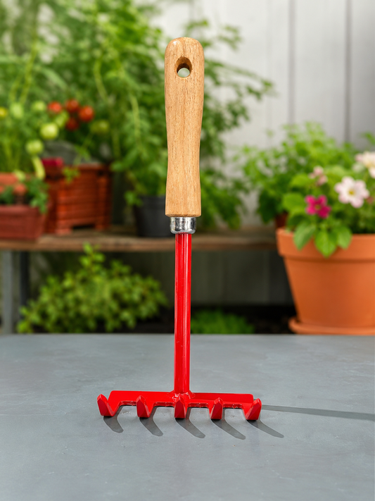 Heavy-Duty 5-Tine Hand Garden Rake with Wooden Handle for Soil Loosening, Weeding & Garden Cultivation | Steel Mini Hand Cultivator Tool