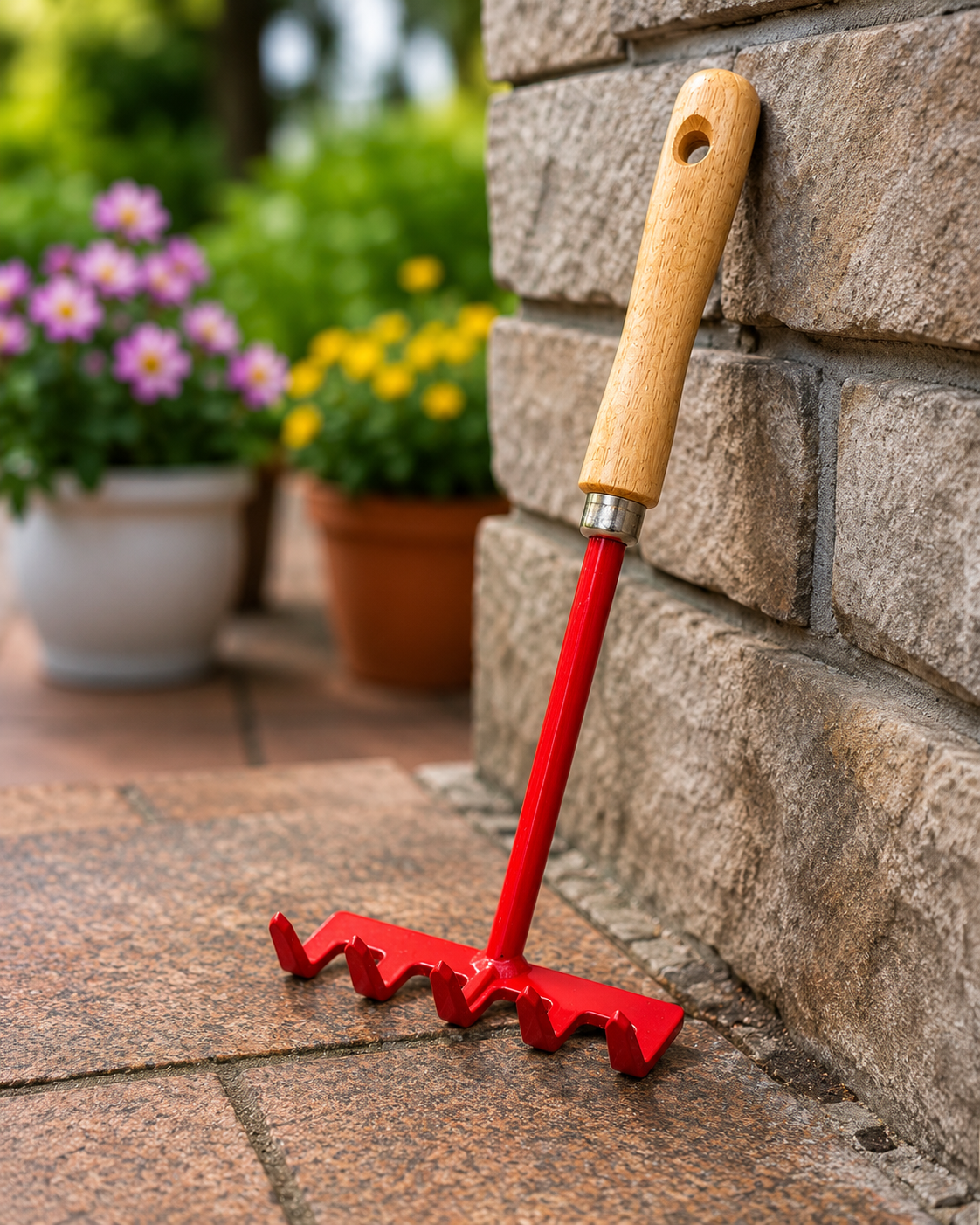 Heavy-Duty 5-Tine Hand Garden Rake with Wooden Handle for Soil Loosening, Weeding & Garden Cultivation | Steel Mini Hand Cultivator Tool
