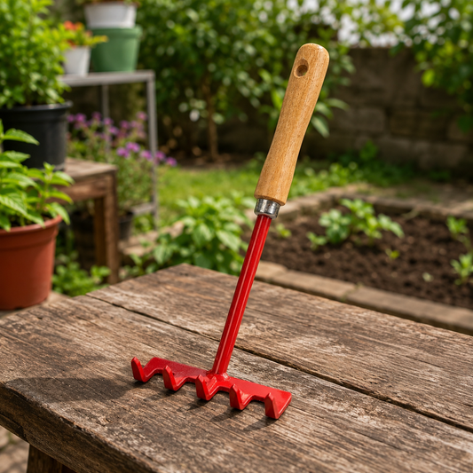 Heavy-Duty 5-Tine Hand Garden Rake with Wooden Handle for Soil Loosening, Weeding & Garden Cultivation | Steel Mini Hand Cultivator Tool