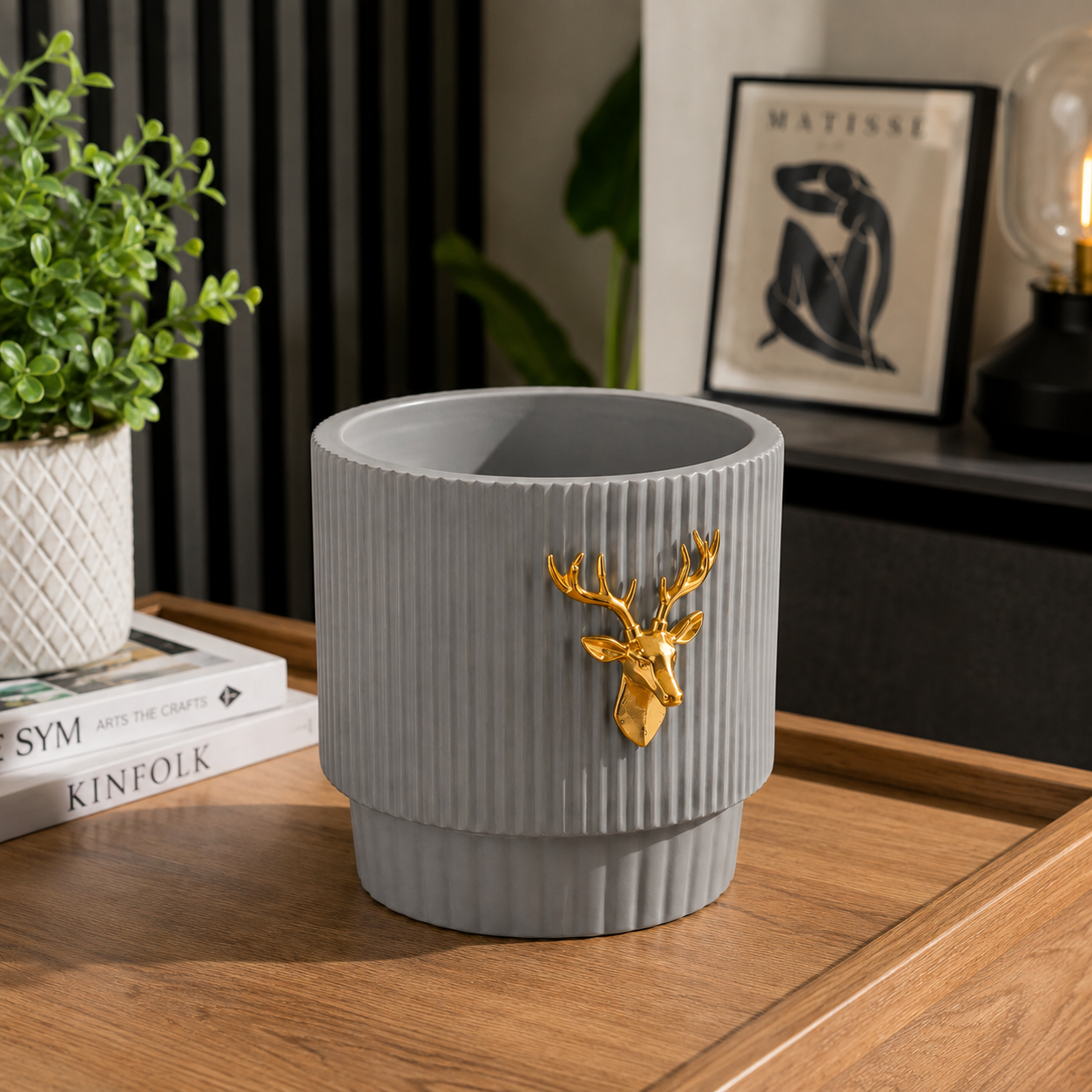 Luxury Ribbed Ceramic Planter Pot with Golden Deer Accent | Decorative Indoor Flower Pot for Home, Office & Tabletop Plants | Available in White & Grey