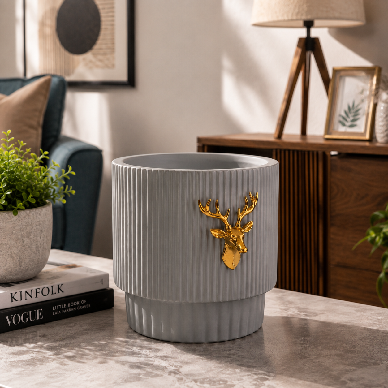 Luxury Ribbed Ceramic Planter Pot with Golden Deer Accent | Decorative Indoor Flower Pot for Home, Office & Tabletop Plants | Available in White & Grey