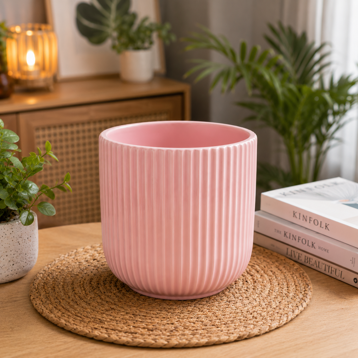 Premium White Ribbed Ceramic Indoor Plant Pot for Home, Office Desk, Living Room & Tabletop Decoration