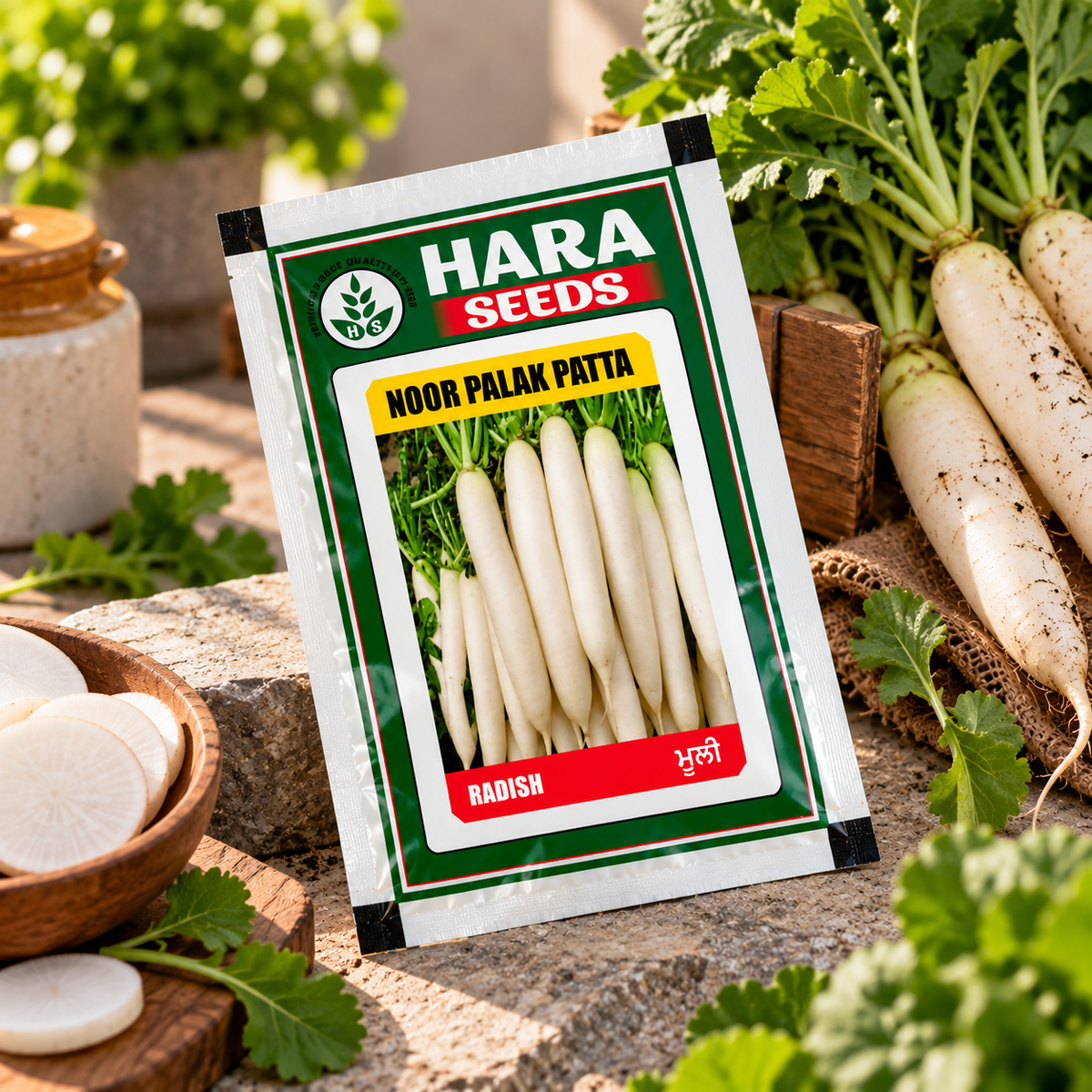 Hara Seeds Noor Palak Patta Radish Seeds for Home Garden & Kitchen Garden | White Long Radish (Mooli) Seeds for Easy Vegetable Growing
